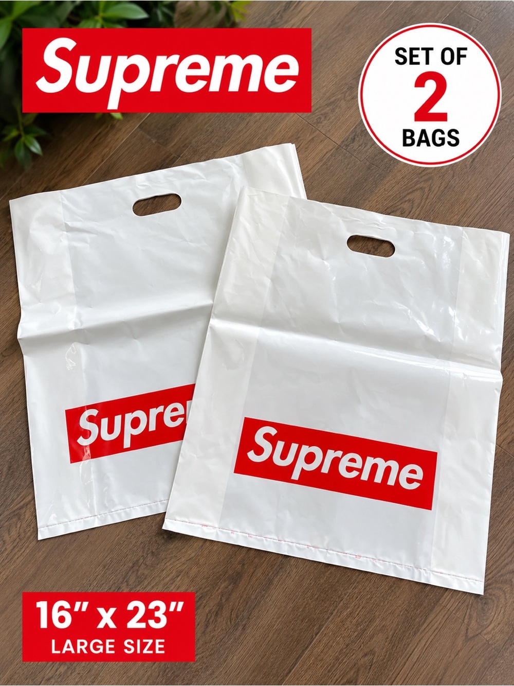 Supreme Red Box Logo Large Plastic Shopping Bags Set of 2 - 16” x 23”